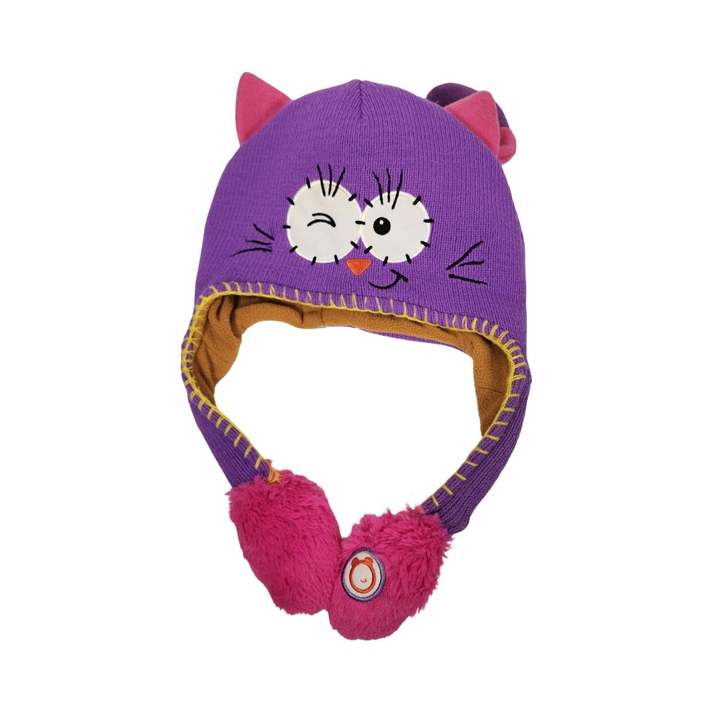 Flipeez Purple Cat Earmuff Hat with Pink‎ Pompoms Winking Face